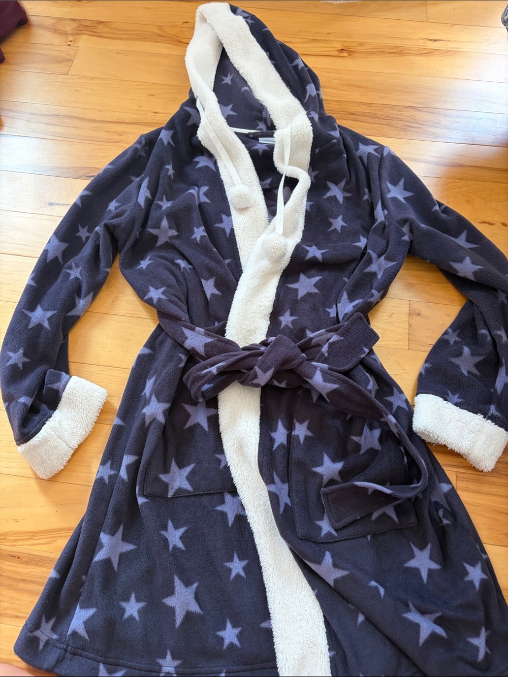 Cuddl Duds Navy Star Hooded Robe with Cream Sherpa Trim